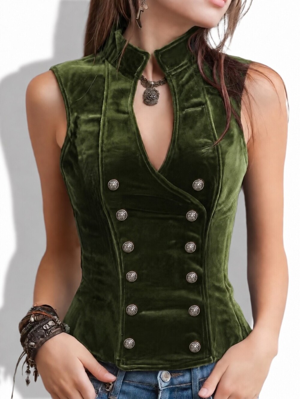 NEW Y2K Retro SZ XL Velvet Green Boho Double-Breast Button-Up Vintage Vest Top
